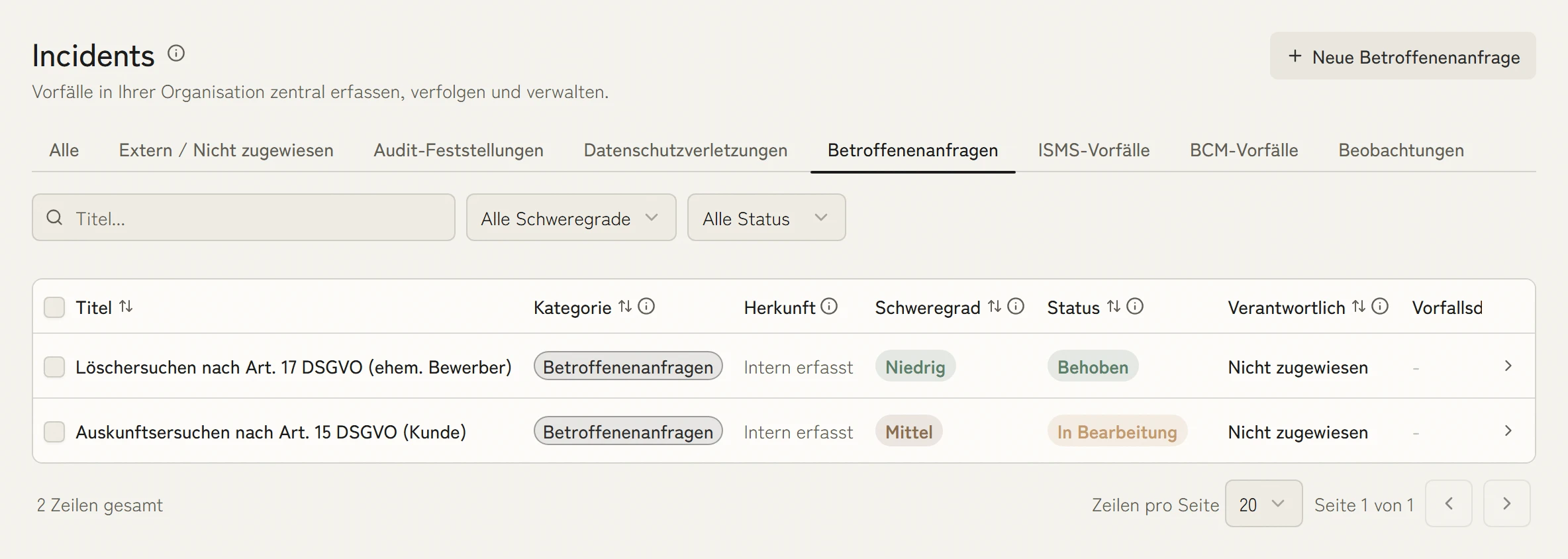 Betroffenenanfragen in KaitoSec: ein Auskunftsersuchen nach Art. 15 und ein Löschersuchen nach Art. 17 DSGVO mit Status und Schweregrad.