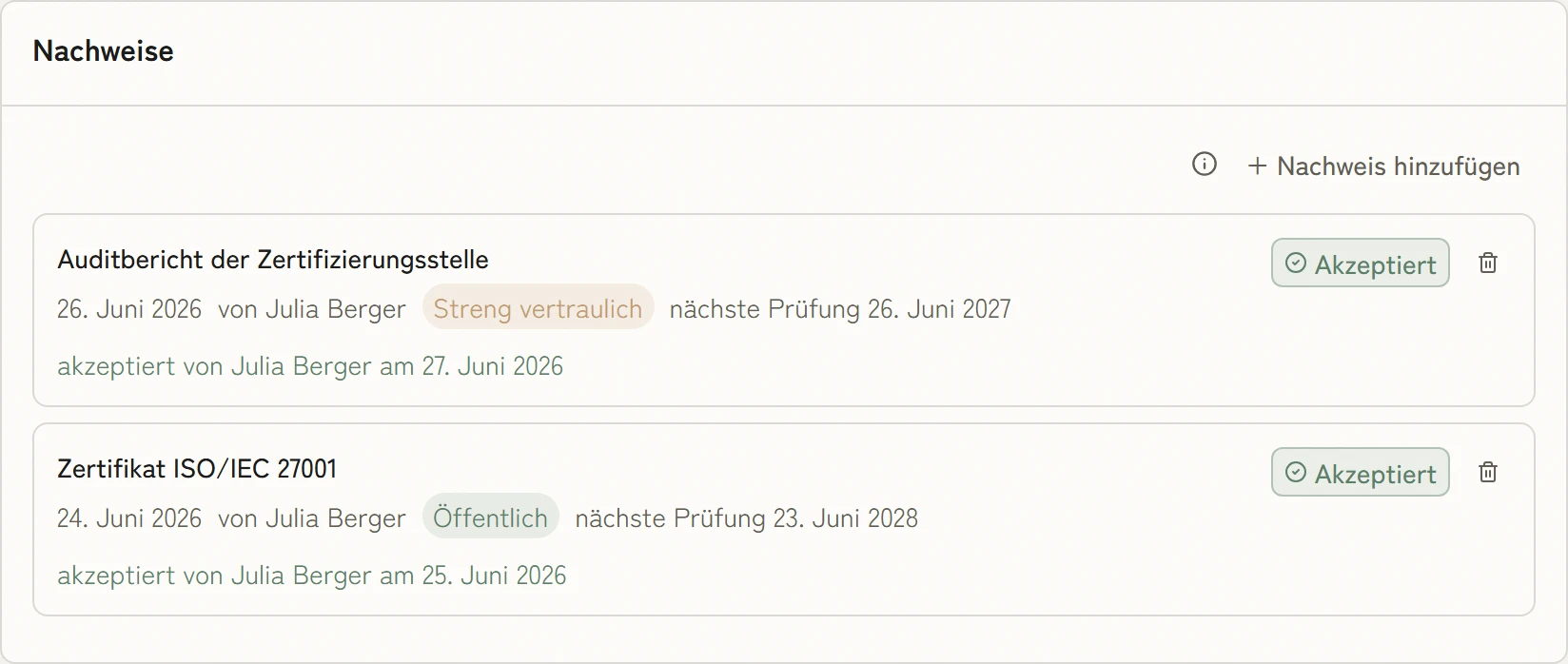 Nachweise an der ISMS-Leitlinie: das ISO/IEC-27001-Zertifikat und der Auditbericht der Zertifizierungsstelle, beide geprüft, mit Vertraulichkeitsstufe und nächstem Prüftermin.