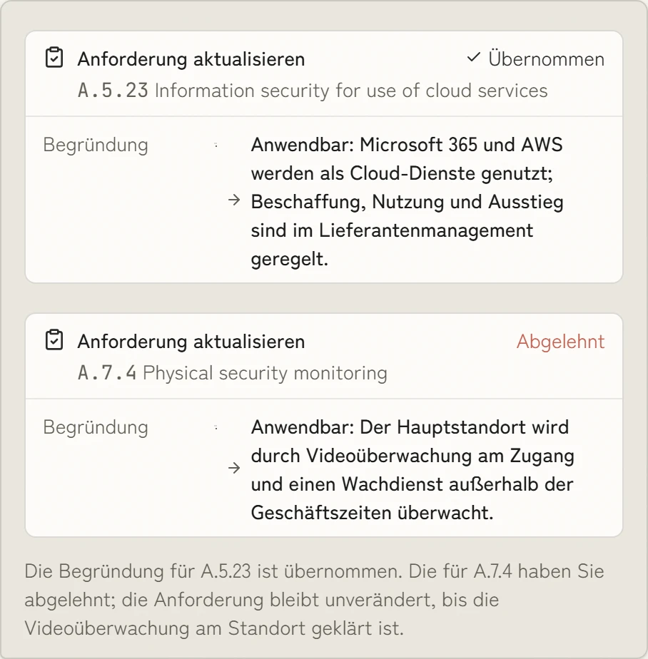 Zwei Vorschläge von KaitoSec KI für die Anwendbarkeitserklärung: einer übernommen, einer abgelehnt, beide mit der vorgeschlagenen Begründung.