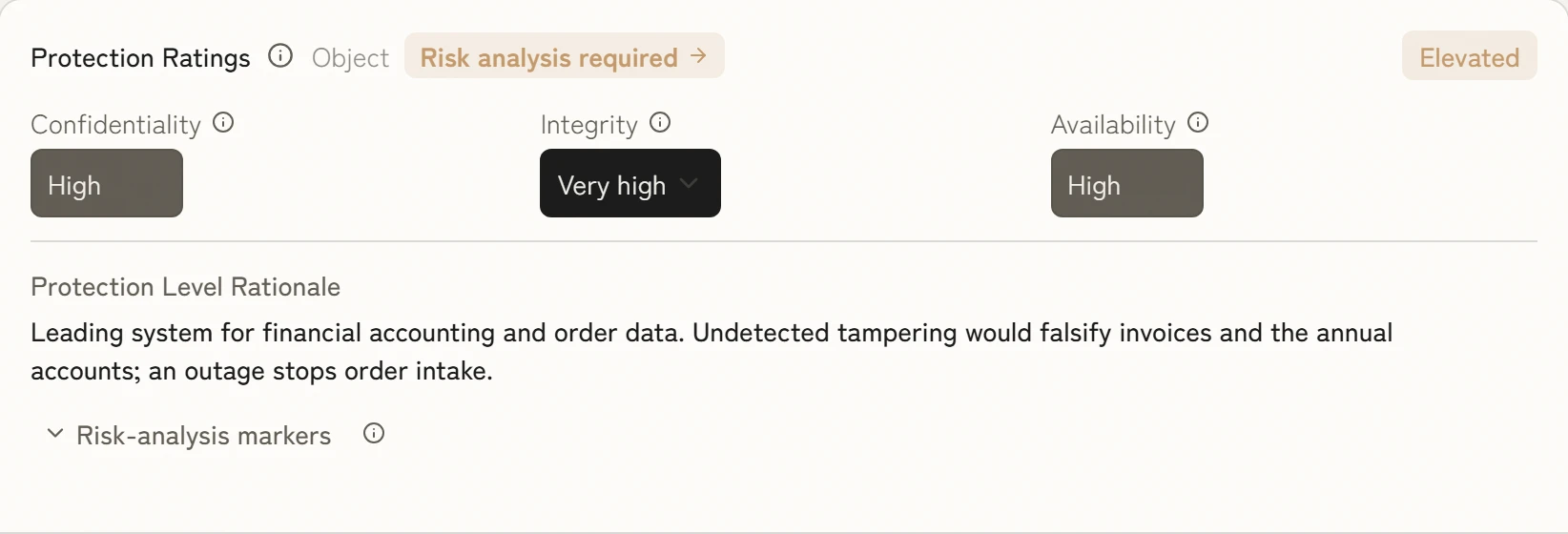 Protection rating of an ERP database: confidentiality high, integrity very high, availability high, giving an elevated protection level, with rationale.