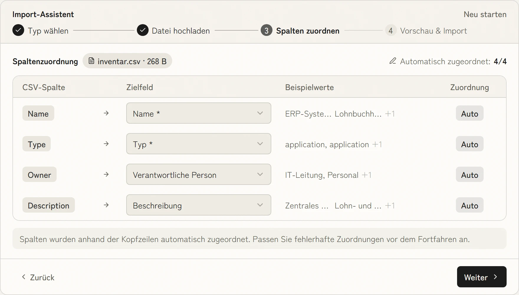 Import-Assistent: die Spalten einer CSV-Datei sind automatisch den Feldern des Inventars zugeordnet.