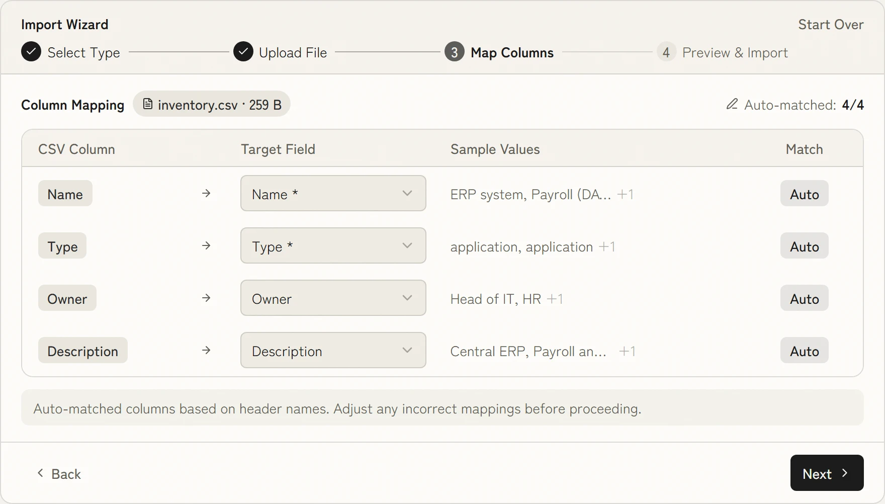 Import wizard: the columns of a CSV file are matched to the inventory fields automatically.