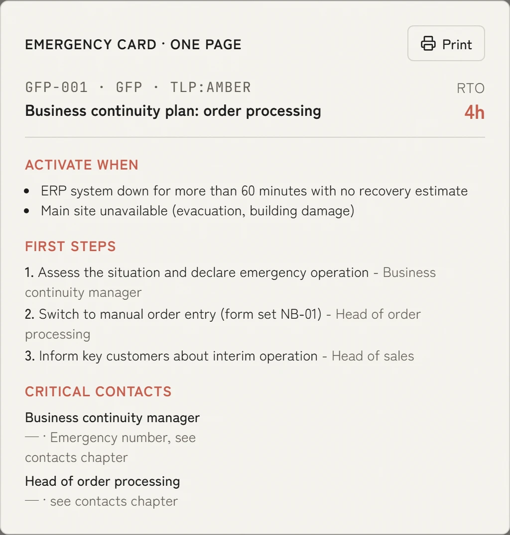 Emergency card of a business continuity plan on one page: activation criteria, first steps with owners and critical contacts.