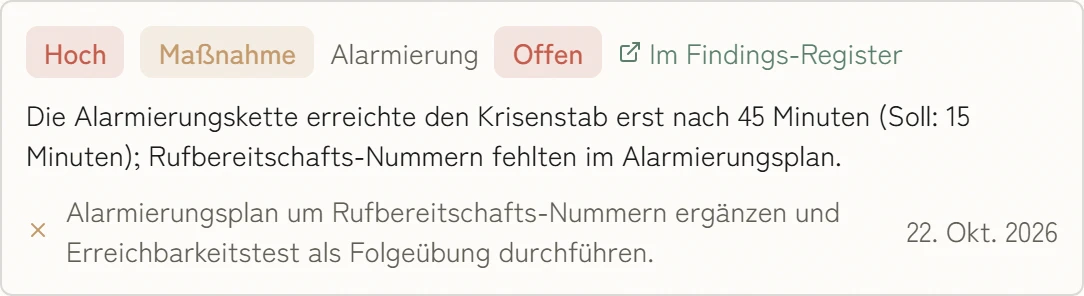 Befund aus der Übung: die Alarmierungskette erreichte den Krisenstab erst nach 45 Minuten, mit Folgemaßnahme und Frist.