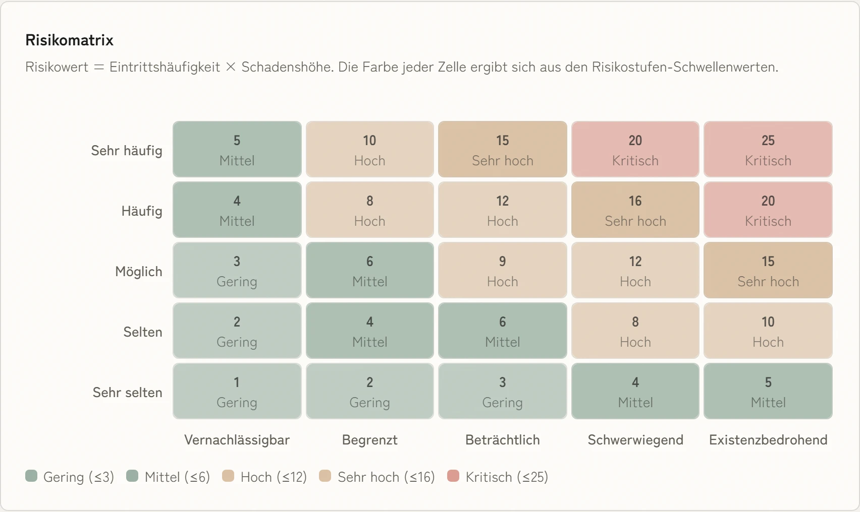 Risikomatrix mit Eintrittshäufigkeit und Schadenshöhe auf je fünf Stufen, jedes Feld nach seiner Risikostufe eingefärbt.