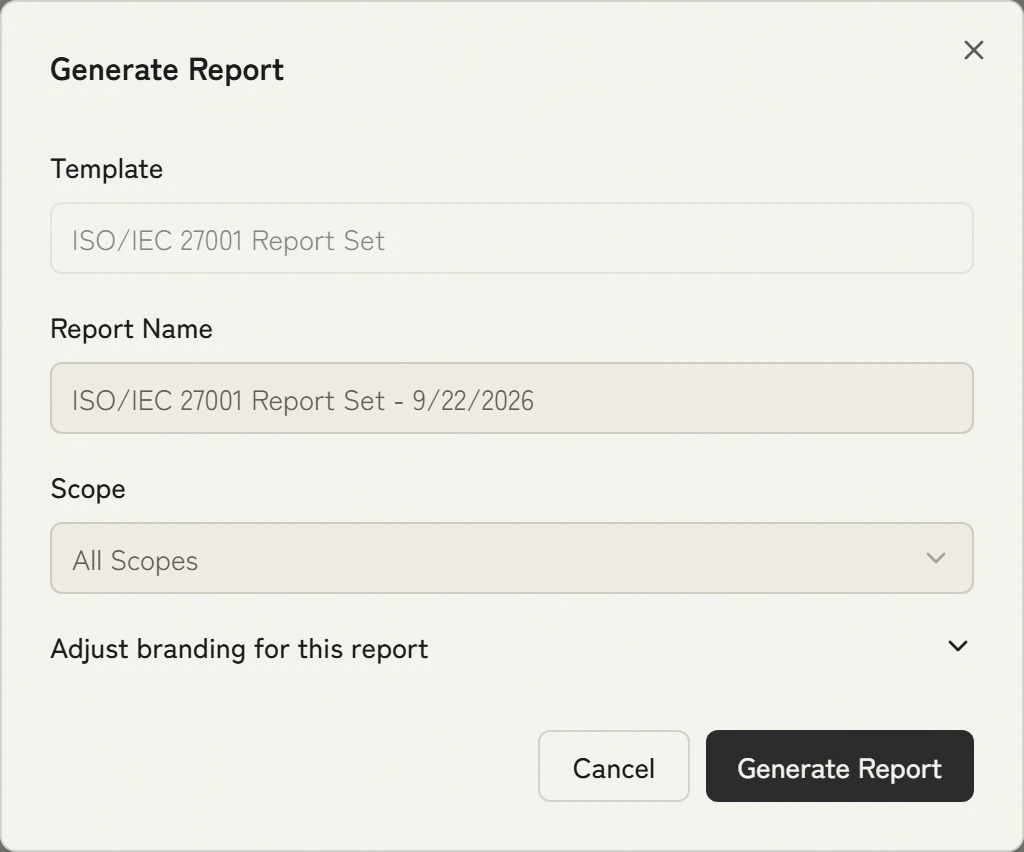 The create report dialog with the ISO/IEC 27001 Report Set template, the report name with the current date and all scopes.